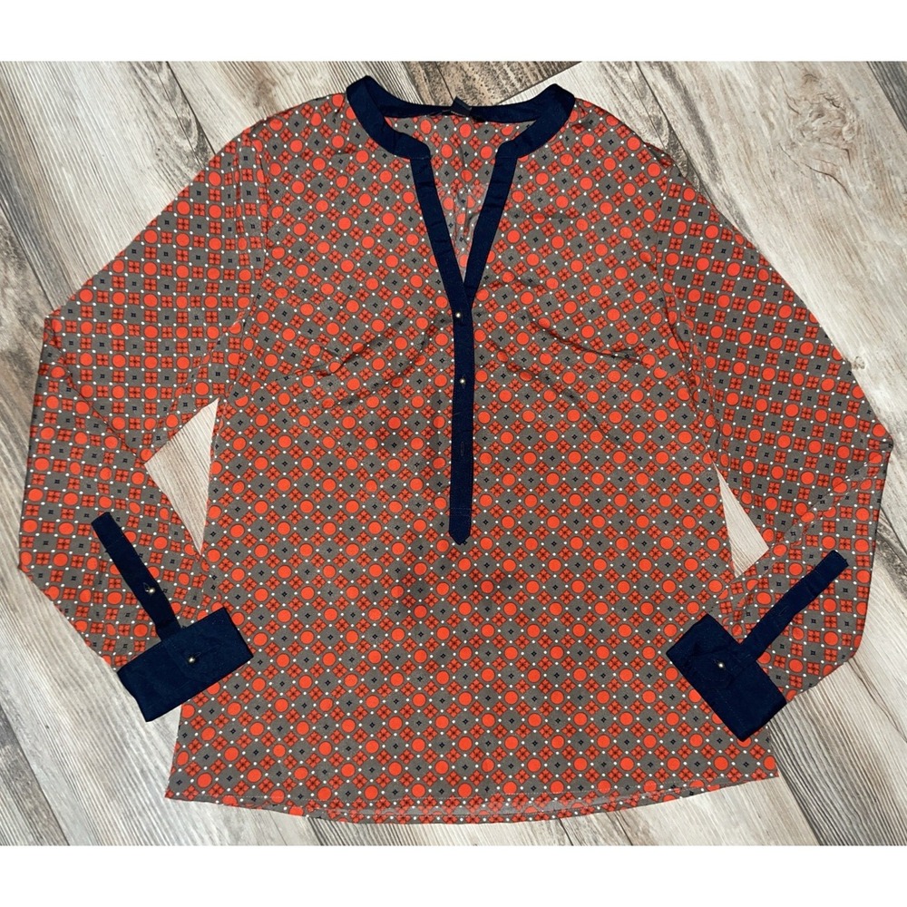 Banana Republic Top Womens PM Navy Orange 1/2 Button Long Sleeve Pullover Career
